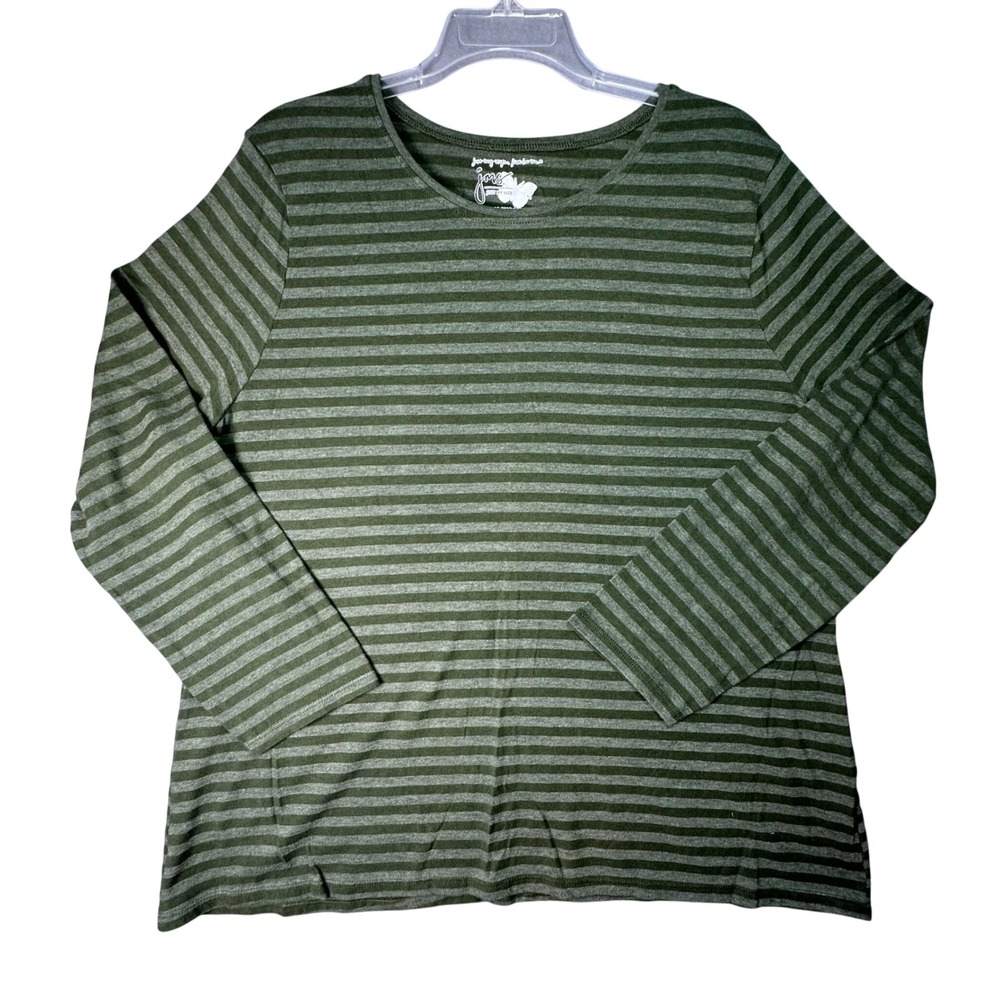 JMS Just My Size Striped Long Sleeve Crew Neck Top Casual Earthy 1X Green Basic